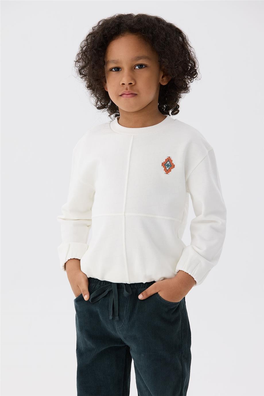 Nebbati Erkek Çocuk Ekru Nakışlı Sweatshirt