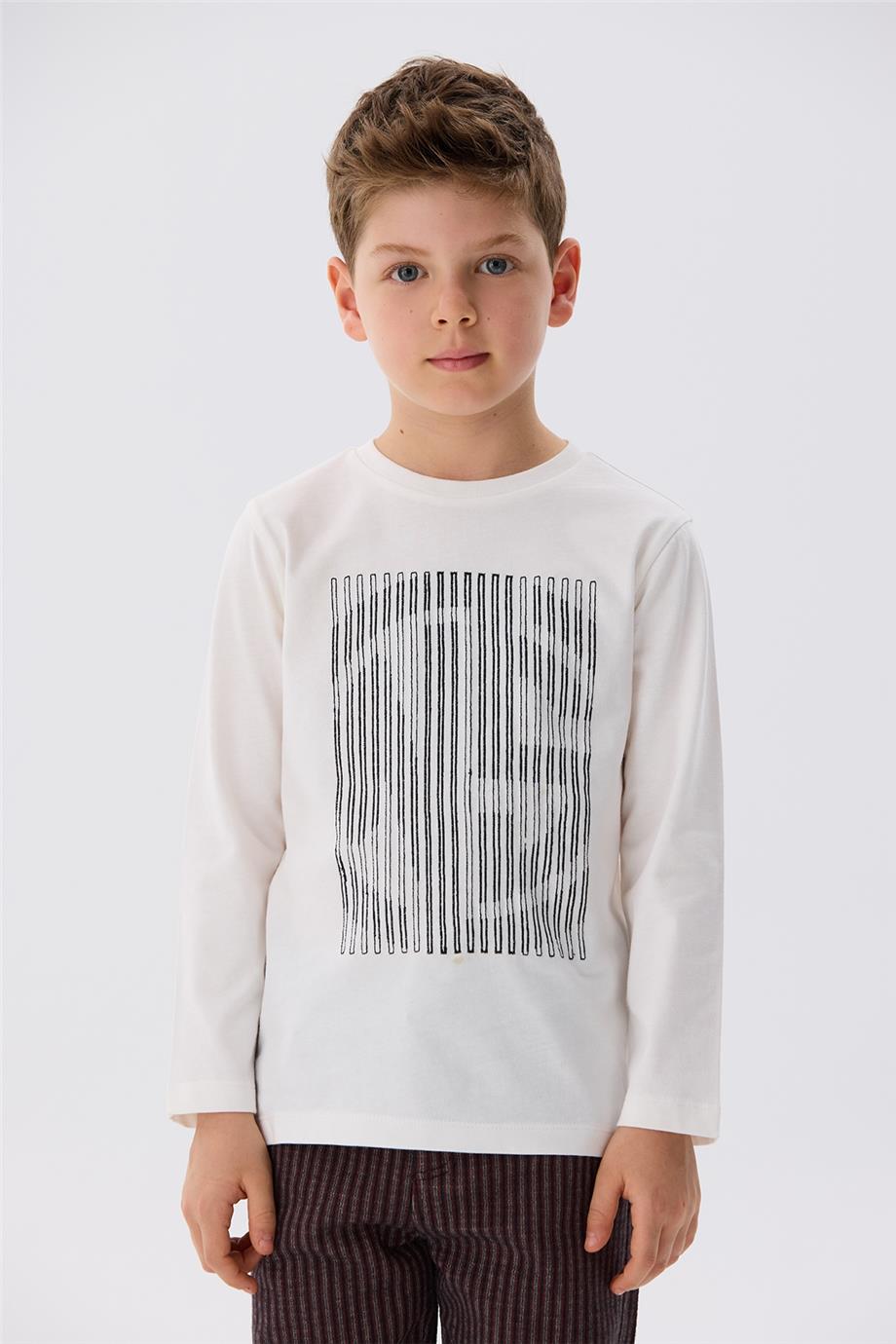 Nebbati Uzun Kollu Erkek Çocuk Ekru T-Shirt