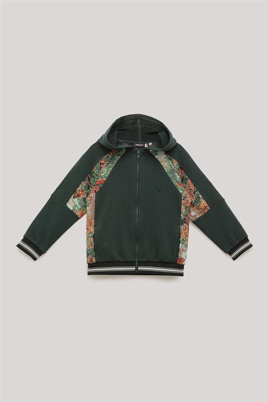 Nebbati Erkek Çocuk Floral Desen Haki Eşofman Üstü