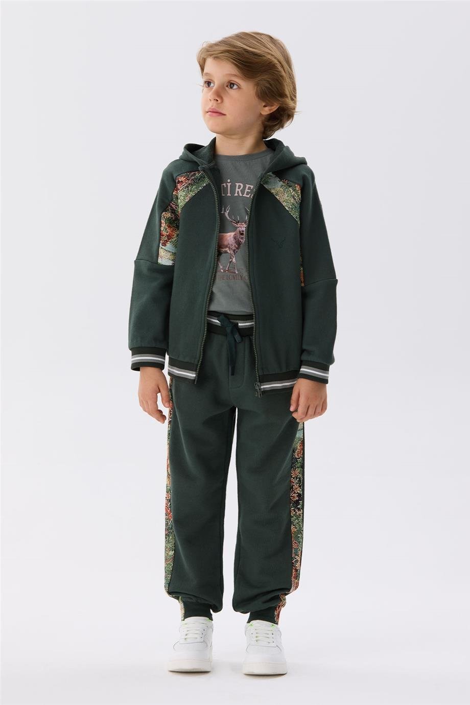 Nebbati Erkek Çocuk Floral Desen Haki Eşofman Üstü