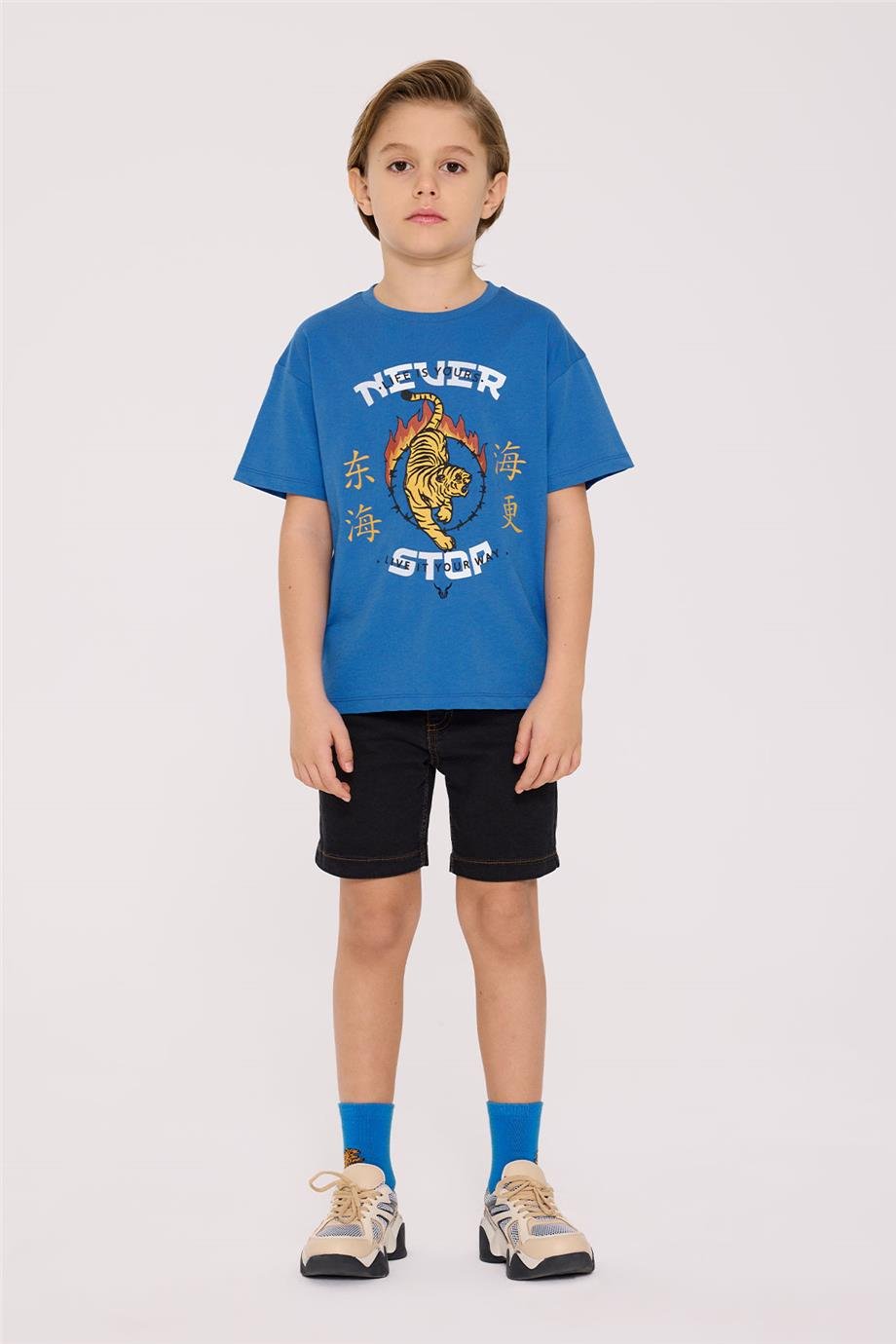 Nebbati Erkek Çocuk Kaplan Basklı Mavi Tshirt