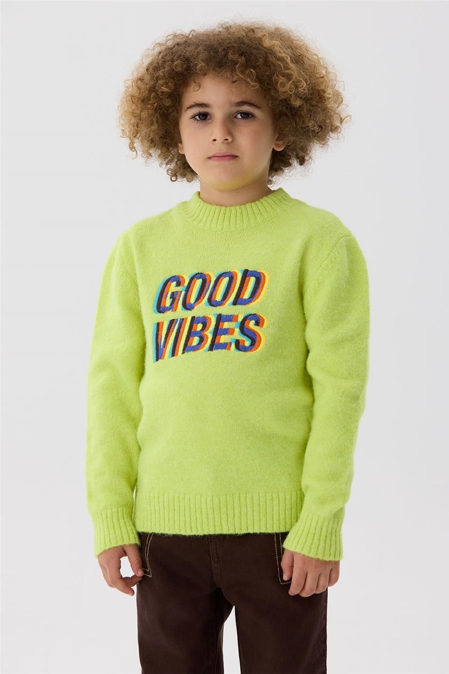 Nebbati Erkek Çocuk Good Vibes Yeşil Kazak