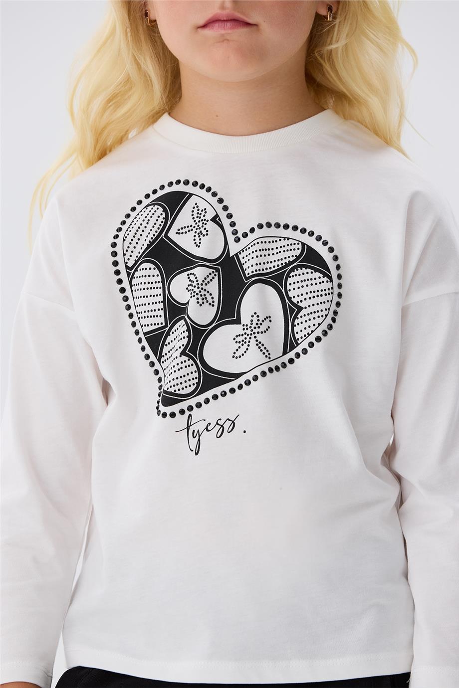 Tyess Kız Çocuk Kalp Baskılı Ekru T-Shirt