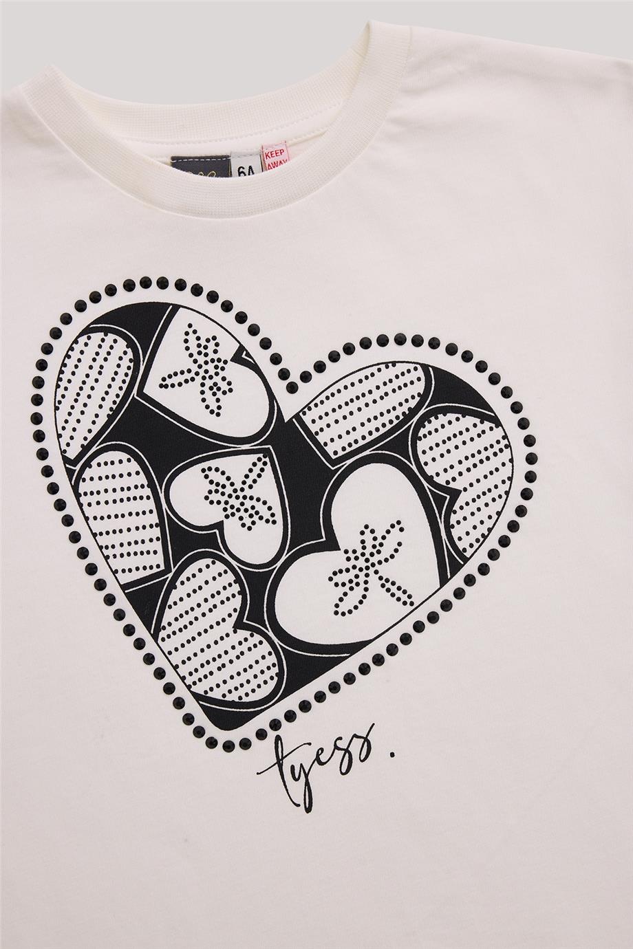 Tyess Kız Çocuk Kalp Baskılı Ekru T-Shirt