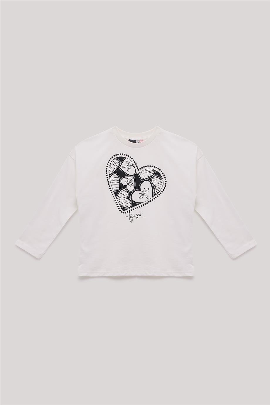Tyess Kız Çocuk Kalp Baskılı Ekru T-Shirt