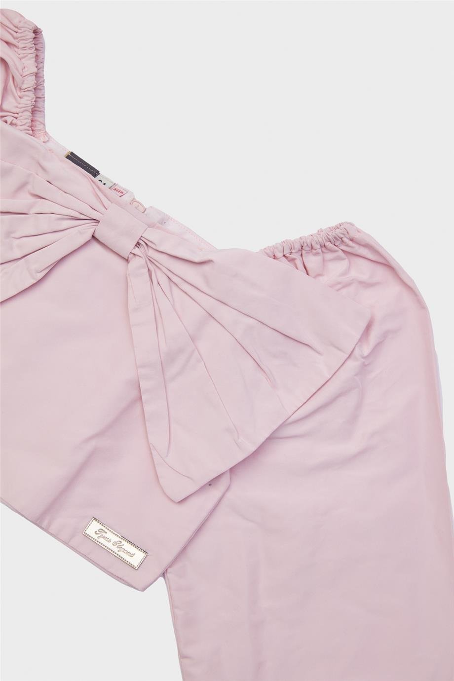 Tyess Kız Çocuk Pudra Fiyonk Detaylı Balon Kol Crop Bluz