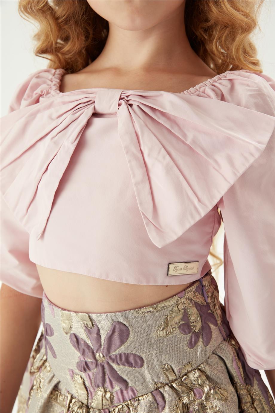 Tyess Kız Çocuk Pudra Fiyonk Detaylı Balon Kol Crop Bluz