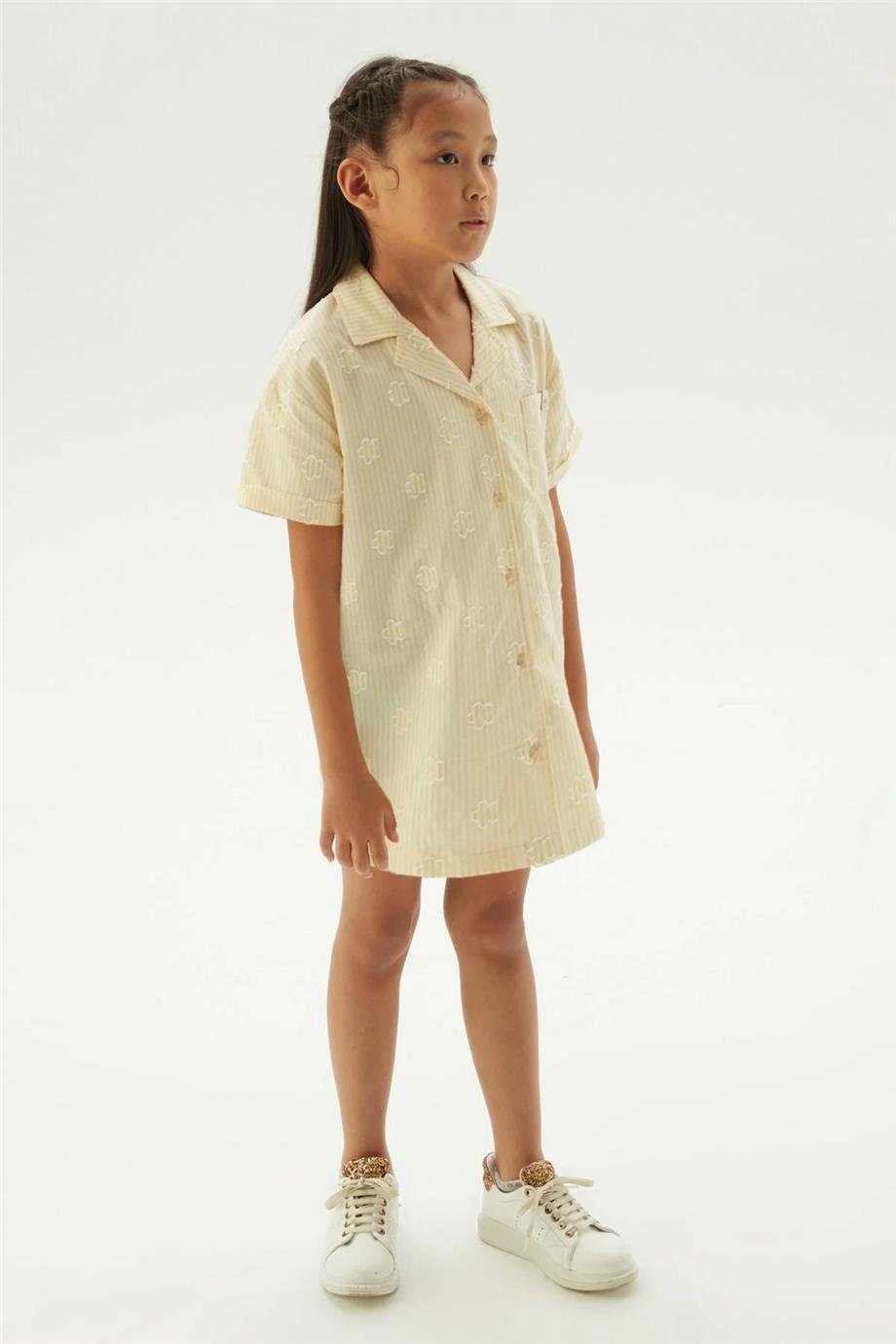 Tyess Kız Çocuk Sarı Yıldız Desenli Pamuk Karışımlı Pijama Elbise