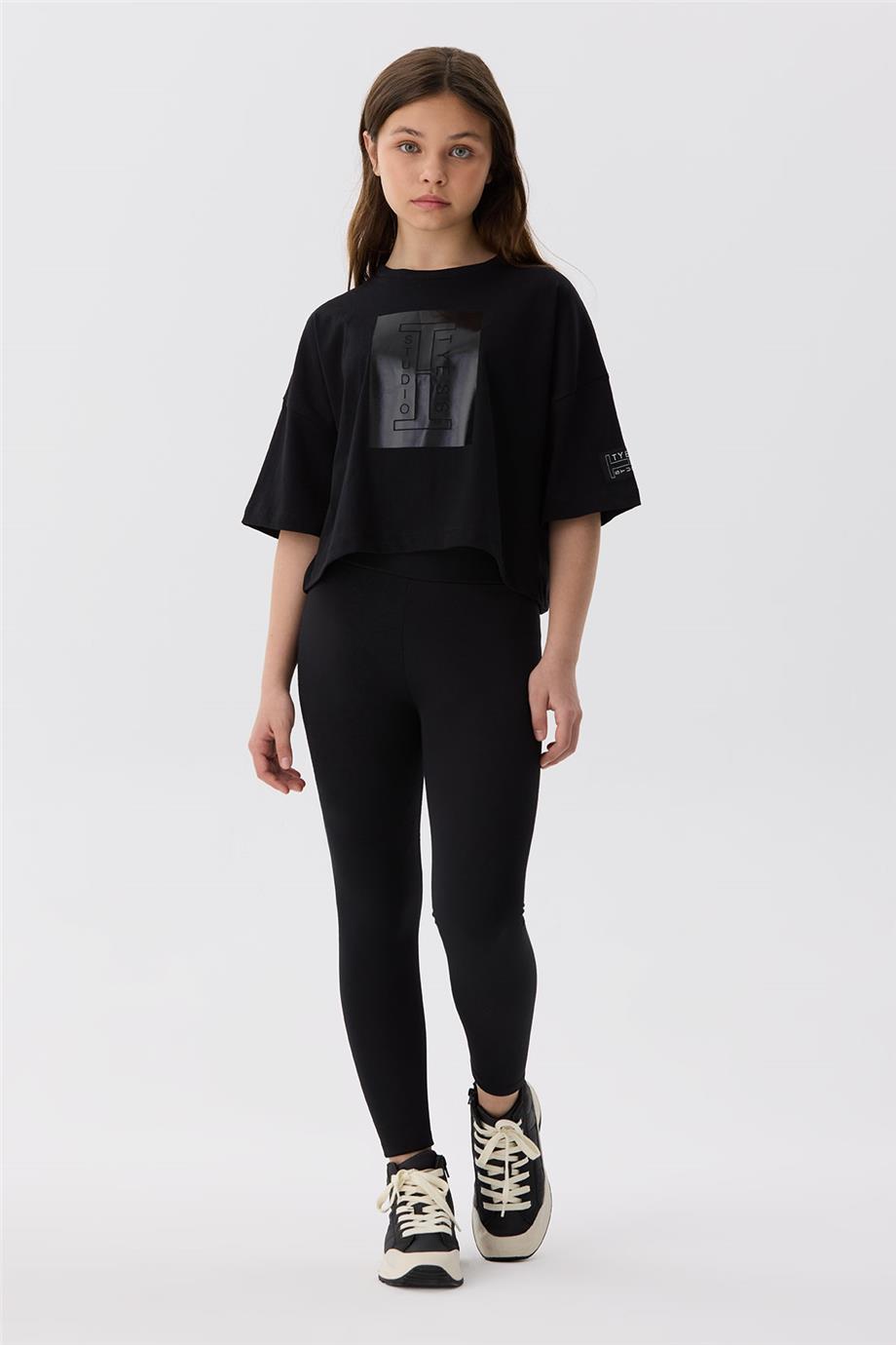 Tyess Kız Çocuk Siyah Kısa Kollu Crop T-Shirt