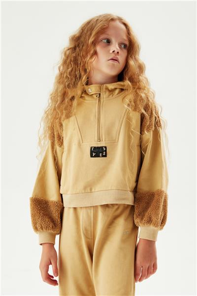 Tyess Kız Çocuk Bej Peluş Detaylı Kapüşonlu Eşofman Üstü