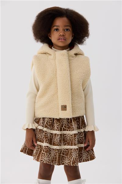 Tyess Kız Çocuk Krem Peluş Kapüşonlu Yelek