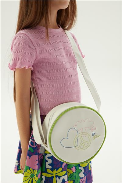 Tyess Kız Çocuk Beyaz Nakış Detaylı Yuvarlak Omuz Çantası