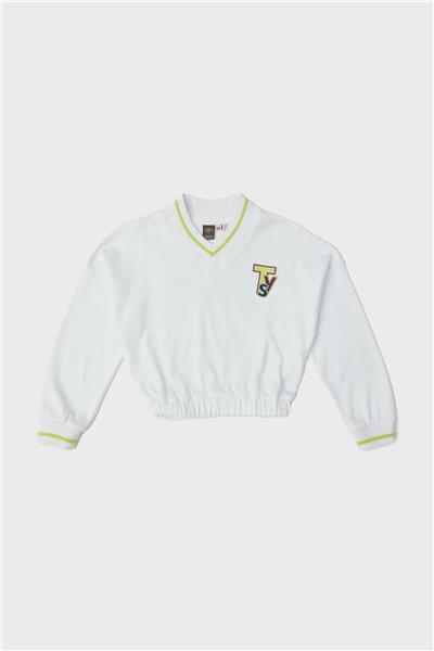 Tyess Kız Çocuk Beyaz V Yaka Yeşil Şeritli Uzun Kollu Sweatshirt