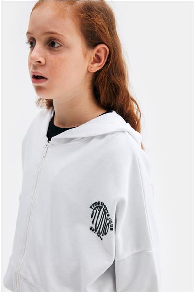 Tyess Kız Çocuk Beyaz Kapüşonlu Fermuarlı Sweatshirt