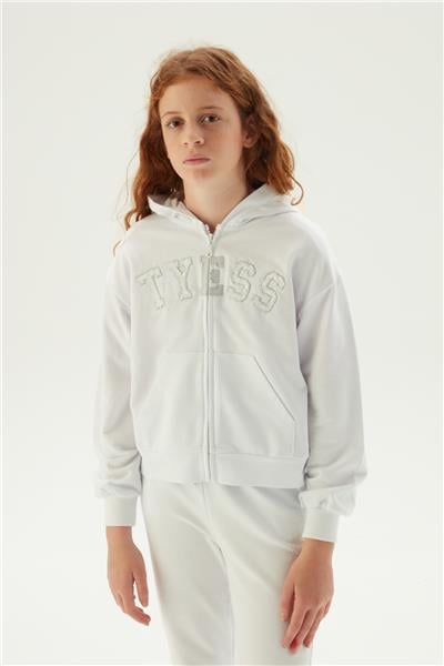 Tyess Kız Çocuk Beyaz Fermuarlı Kapüşonlu Sweatshir