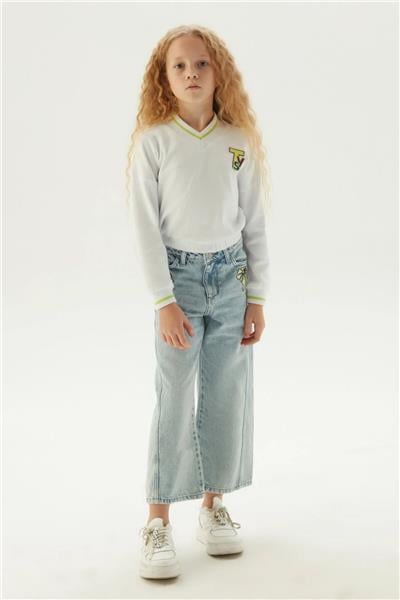 Tyess Kız Çocuk Beyaz V Yaka Yeşil Şeritli Uzun Kollu Sweatshirt