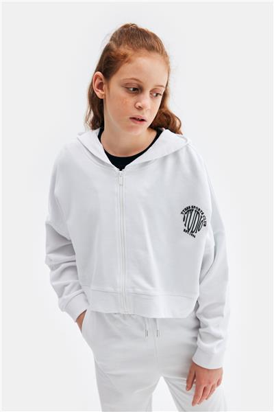 Tyess Kız Çocuk Beyaz Kapüşonlu Fermuarlı Sweatshirt