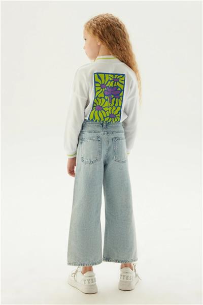 Tyess Kız Çocuk Beyaz V Yaka Yeşil Şeritli Uzun Kollu Sweatshirt