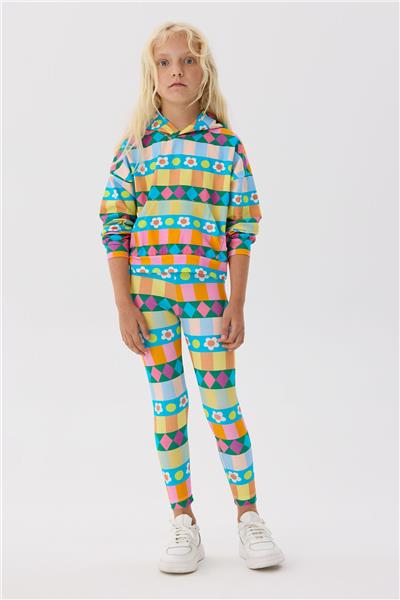 Tyess Kız Çocuk Renkli Desenli Kapüşonlu Sweatshirt