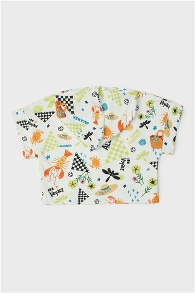 Tyess Kız Çocuk Tropikal Desenli Kapüşonlu Kısa Kollu Sweatshirt