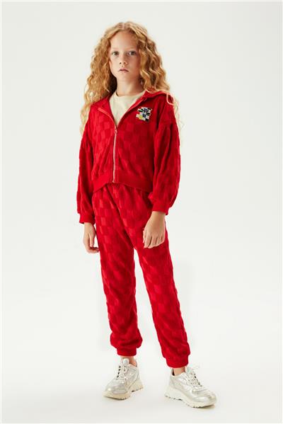 Tyess Kız Çocuk Kırmızı Kare Desenli Fermuarlı Sweatshirt