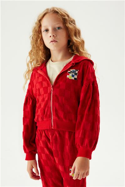 Tyess Kız Çocuk Kırmızı Kare Desenli Fermuarlı Sweatshirt