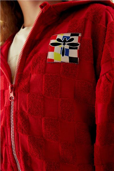 Tyess Kız Çocuk Kırmızı Kare Desenli Fermuarlı Sweatshirt