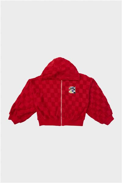 Tyess Kız Çocuk Kırmızı Kare Desenli Fermuarlı Sweatshirt