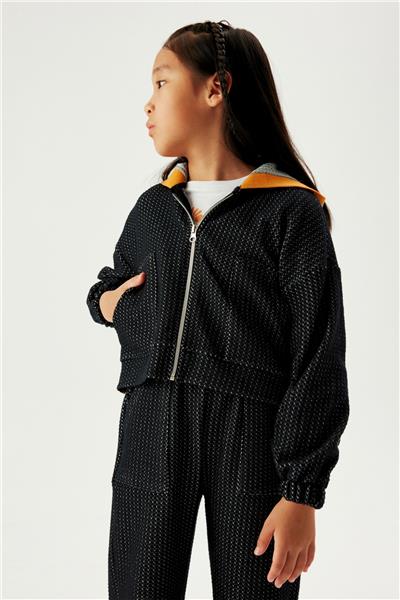 Tyess Kız Çocuk Turuncu Yaka Detaylı Siyah Ceket Eşofman Üstü