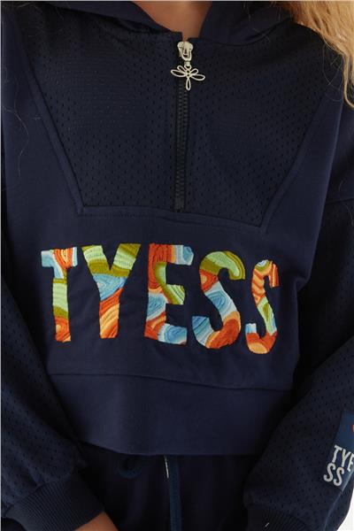 Tyess Kız Çocuk Lacivert Logolu Fermuarlı Kapüşonlu Eşofman Üstü