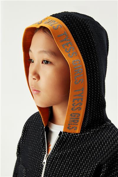 Tyess Kız Çocuk Turuncu Yaka Detaylı Siyah Ceket Eşofman Üstü