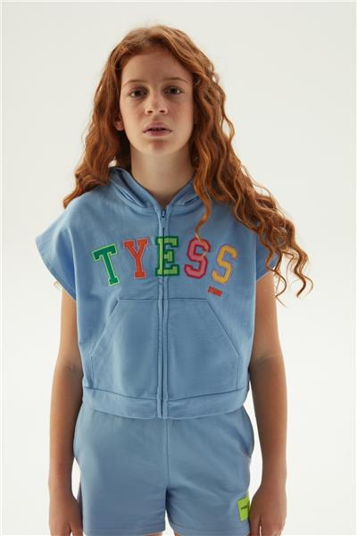 Tyess Kız Çocuk Mavi Renkli Kapüşonlu Kolsuz Sweatshirt