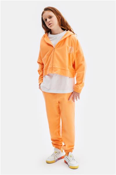 Tyess Kız Çocuk Turuncu Kapüşonlu Fermuarlı Eşofman Üstü