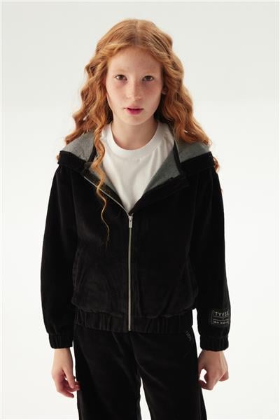Tyess Kız Çocuk Siyah Fermuarlı Kapüşonlu Eşofman Üstü