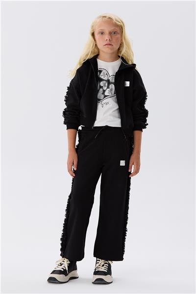 Tyess Kız Çocuk Kol Detaylı Fermuarlı Siyah Eşofman Üstü