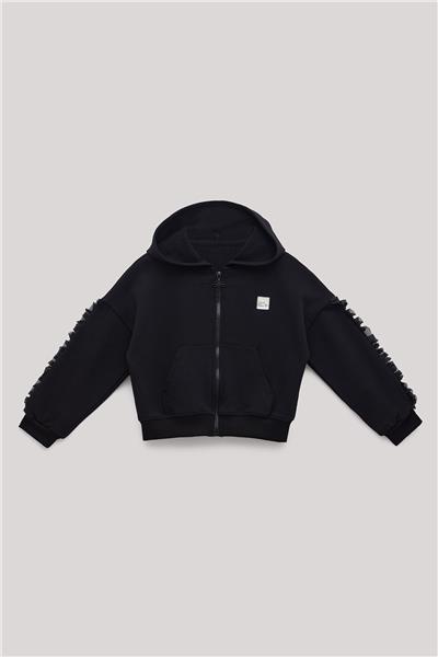 Tyess Kız Çocuk Kol Detaylı Fermuarlı Siyah Eşofman Üstü