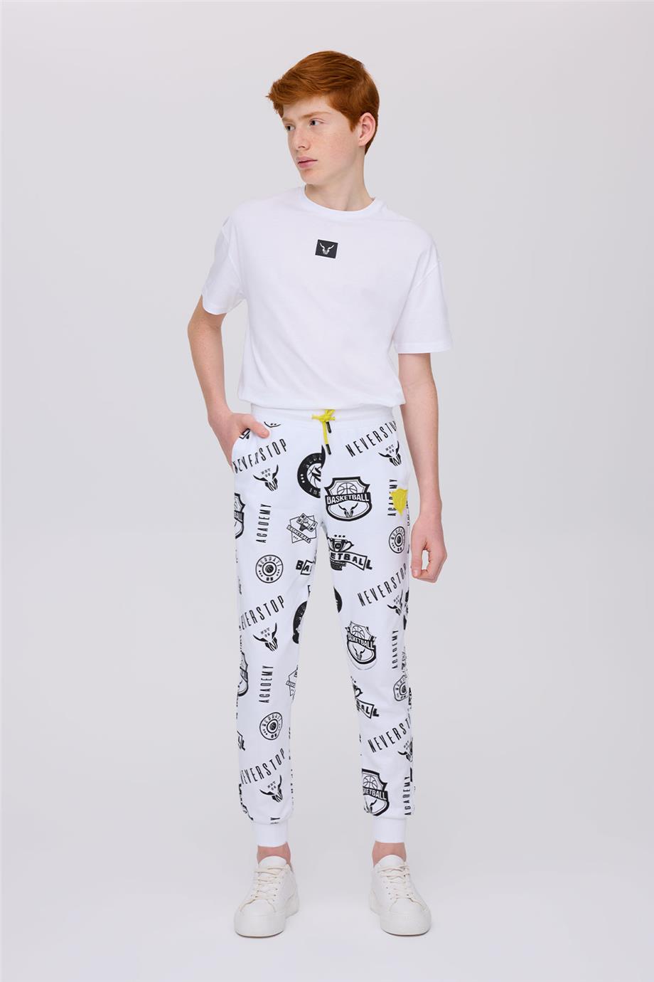 NBT Jeans Erkek Çocuk Desenli Beyaz Eşofman Altı