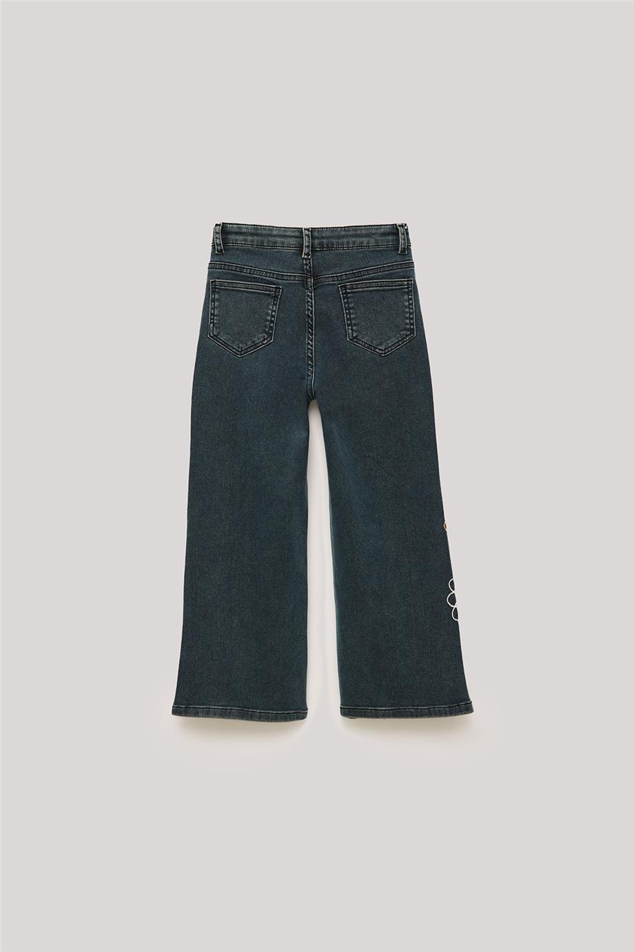 Tyess Kız Çocuk Çiçek Nakışlı Bol Paça Jean Pantolon görsel 7