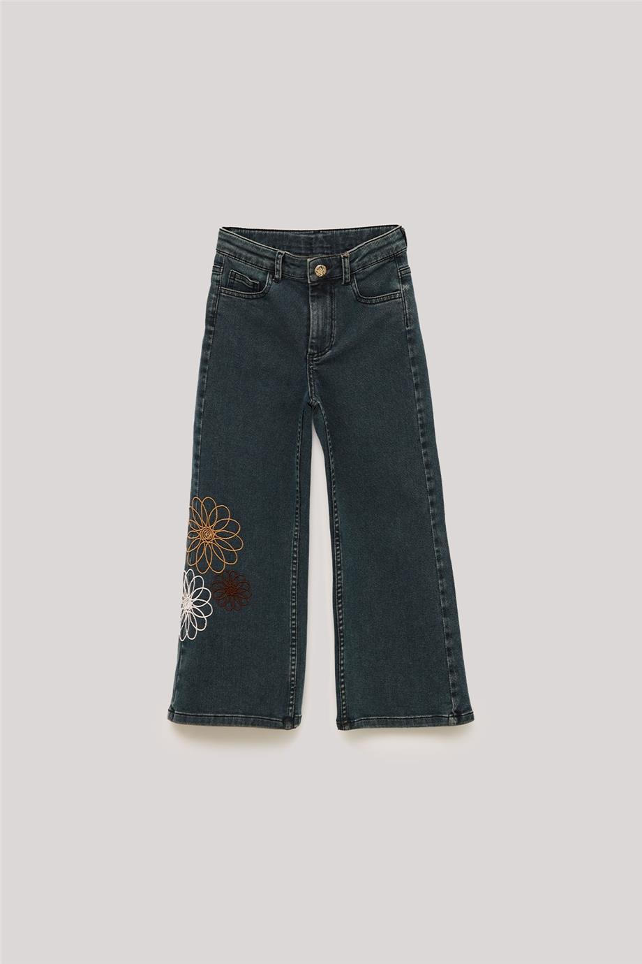 Tyess Kız Çocuk Çiçek Nakışlı Bol Paça Jean Pantolon görsel 6