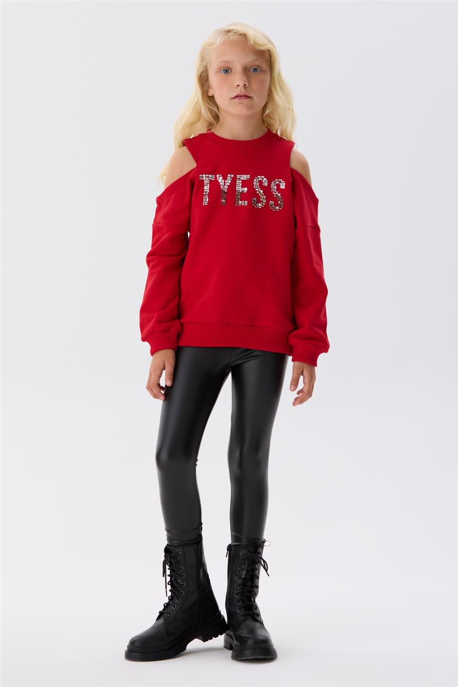 Tyess Kız Çocuk Omuz Dekolteli Taş Yazılı Kırmızı Sweatshirt
