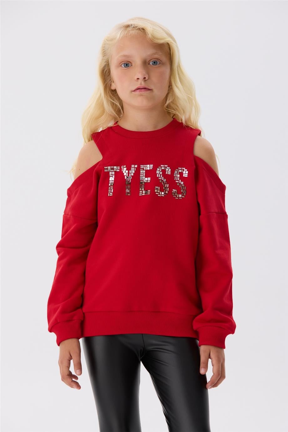 Tyess Kız Çocuk Omuz Dekolteli Taş Yazılı Kırmızı Sweatshirt görsel 2