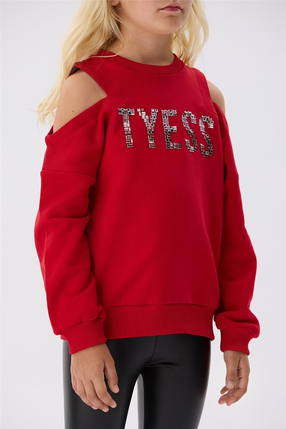 Tyess Kız Çocuk Omuz Dekolteli Taş Yazılı Kırmızı Sweatshirt görsel 3