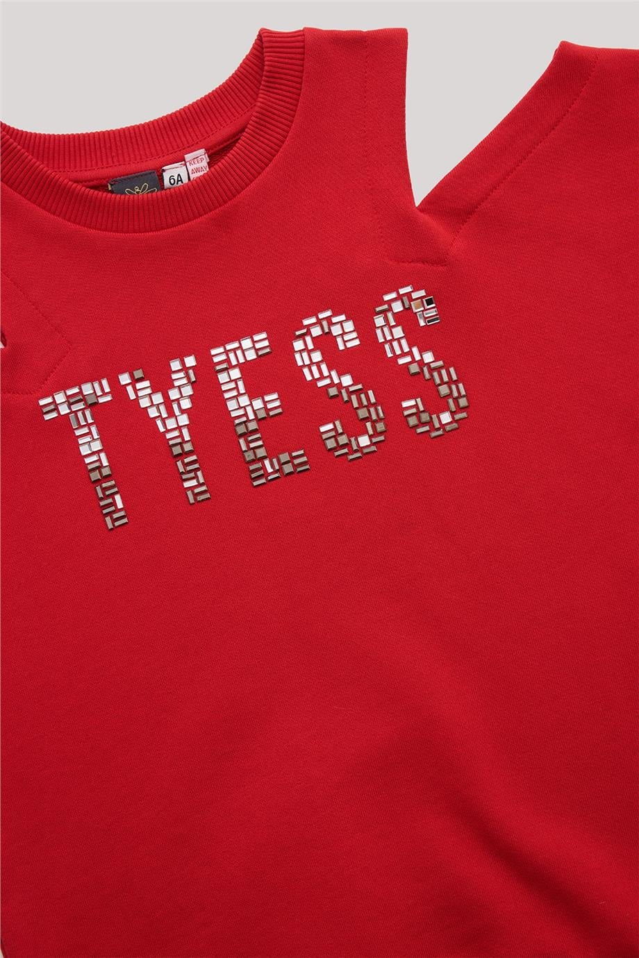 Tyess Kız Çocuk Omuz Dekolteli Taş Yazılı Kırmızı Sweatshirt görsel 7