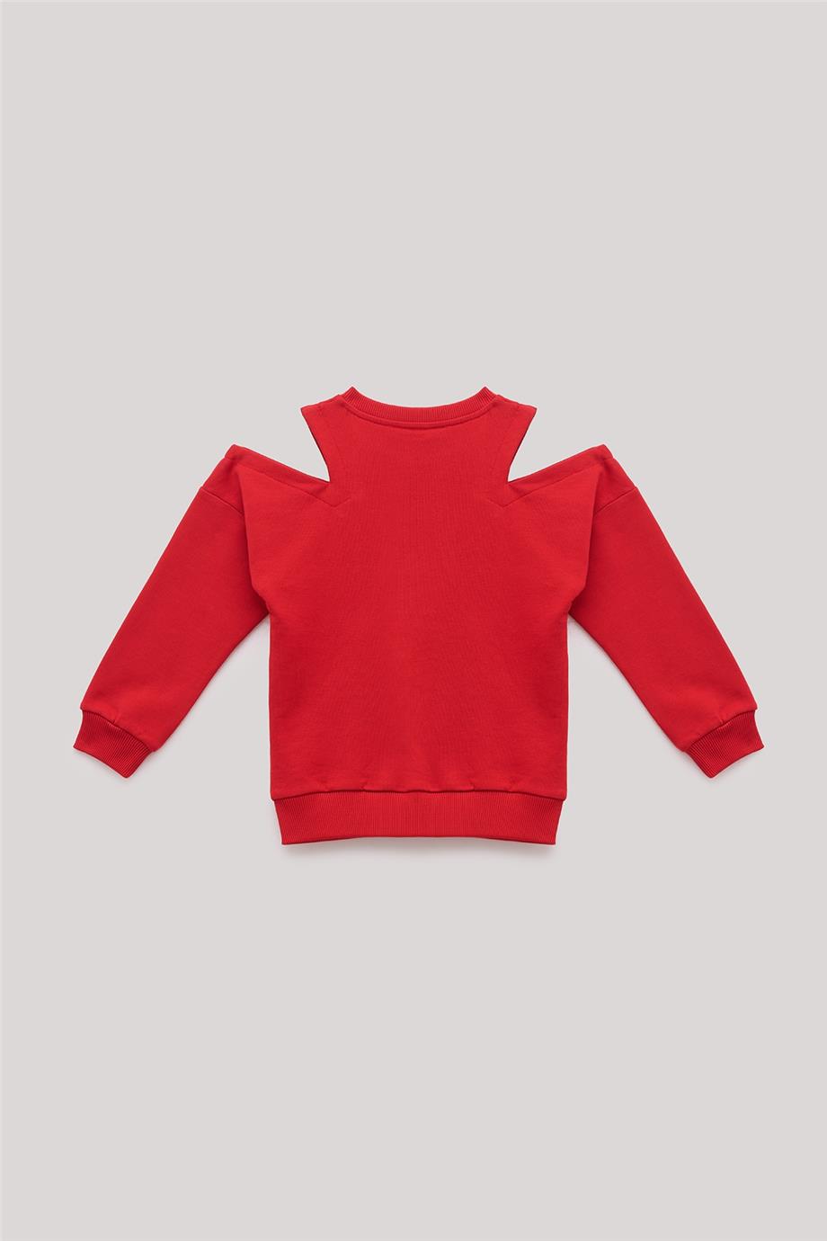 Tyess Kız Çocuk Omuz Dekolteli Taş Yazılı Kırmızı Sweatshirt görsel 6