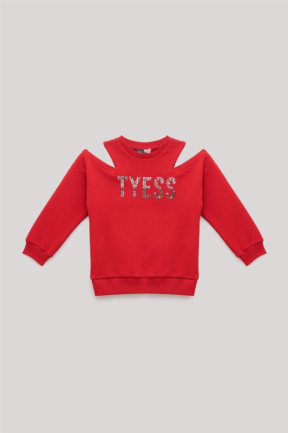 Tyess Kız Çocuk Omuz Dekolteli Taş Yazılı Kırmızı Sweatshirt görsel 5