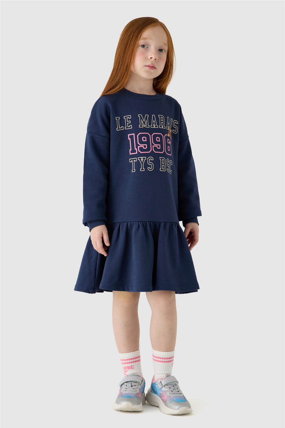 Tyess Kız Çocuk Bisiklet Yaka Oversize Elbise