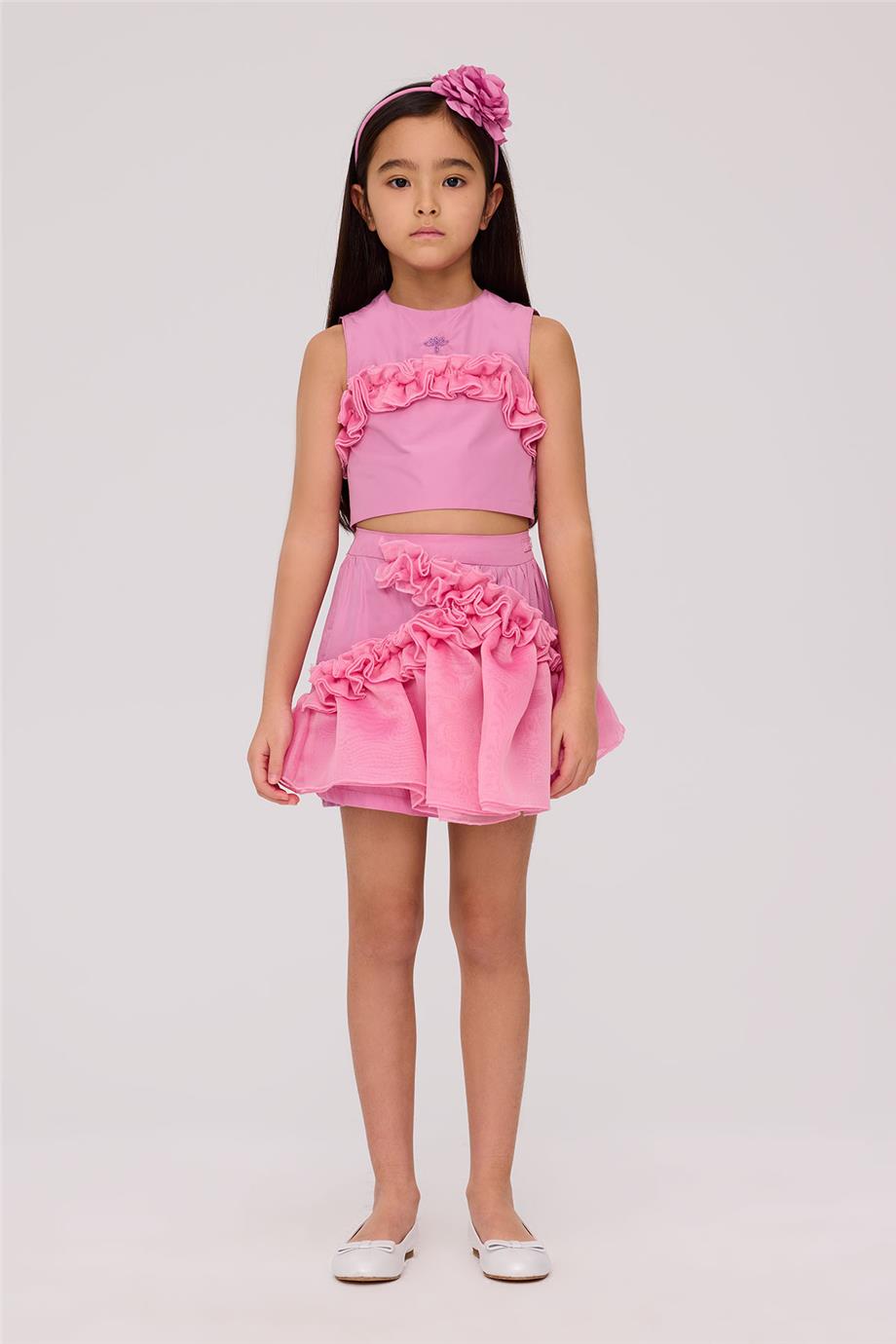 Tyess Kız Çocuk Fırfırlı Pembe Crop Bluz
