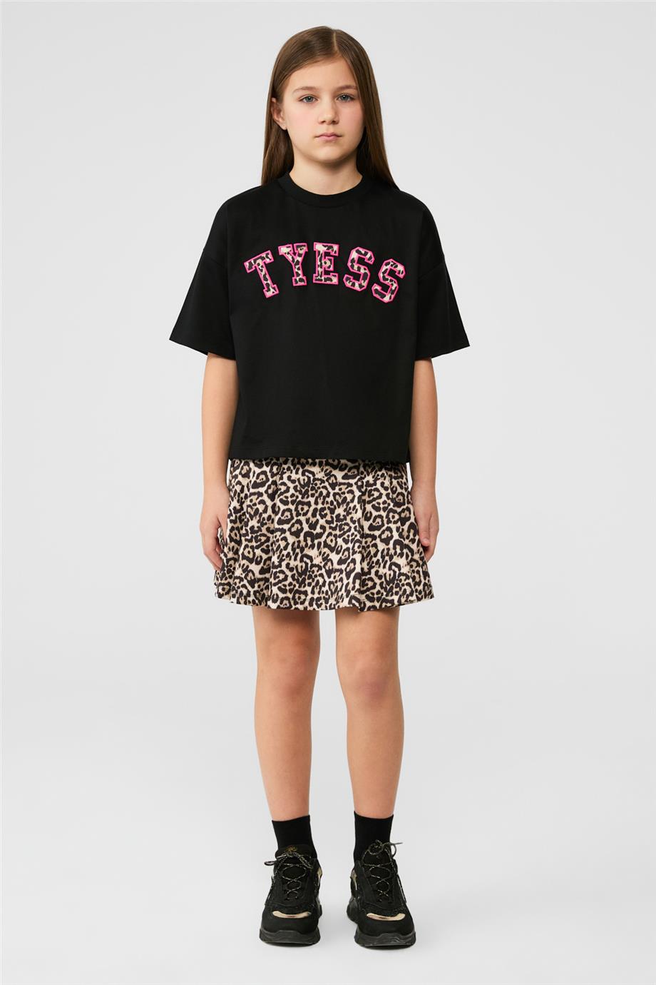 Tyess Kız Çocuk Siyah Oversize Tişört