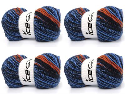 4x100gr. ANATOLIA WOOL CORD Yün, Akrilik Turuncu, Mavi Tonları Kışlık, Yün, Batik Desenli, Akrilik