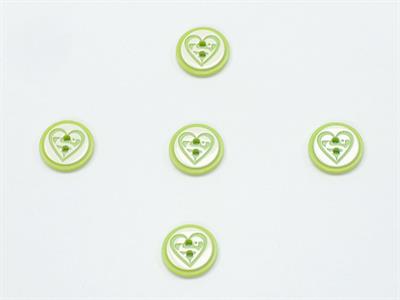 5 Heart Figure Buttons Green, White 15mm long